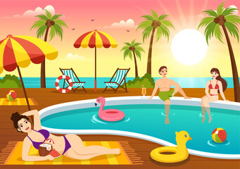 Obraz na płótnie Canvas Swimming Pool Vector Illustration with Summer Vacation Landscape Concept and Swim Summer Activity in Flat Cartoon Hand Drawn Background Templates