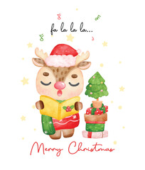 Cute reindeer caroller, Christmas reindeer singing and holding a songbook, with pine tree and stack of presents merry christmas time, cartoon animal character watercolou