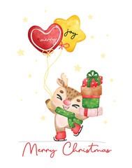 Cute joyful Christmas reindeer santa helper on skating holding stack of wrapped presents, cartoon animal character watercolour hand drawing vector illustration