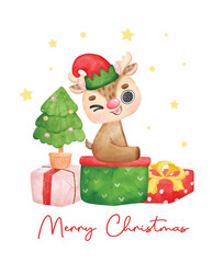 Cute joyful Christmas reindeer santa helper with elf hat sit on stack of wrapped presents, cartoon animal character watercolour hand drawing vector illustration