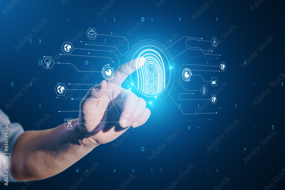 Aufkleber man push the virtual button fingerprint, digital access concept