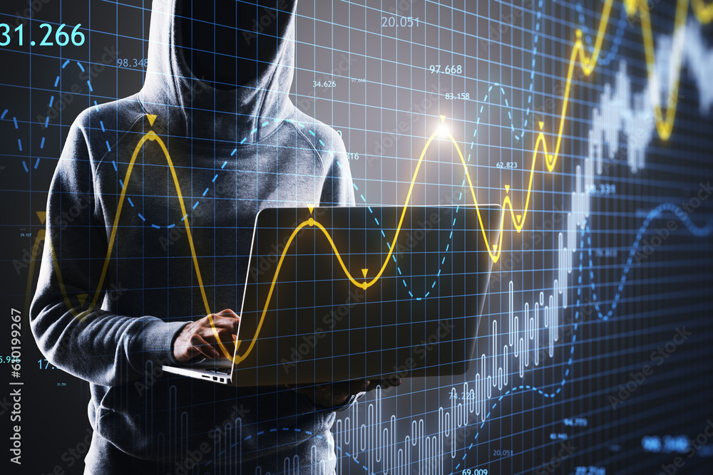 Poster Hacker using laptop with glowing candlestick forex chart on dark background. Hacking and trade concept. Double exposure.