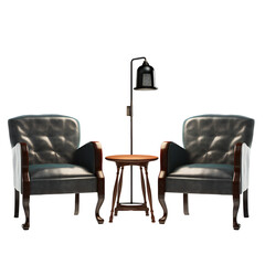 Two chairs and microphone in podcast or interview room isolated. Generative ai art