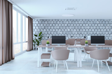 Spacious designer office interior with decorative wall, window with city view and curtains, computer screen and other items. 3D Rendering.