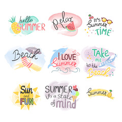 Summer lettering. Set hand drawn icons, signs and banners. Bright summertime poster. Collection Summer hand drawn elements for summer holiday and party. Summer Typographic. Vector illustration.