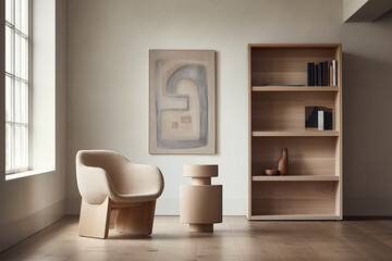 Fototapeta na wymiar A wooden brown chair and shelves in a minimalistic composition. Minimalist interior decoration concept. Generative AI