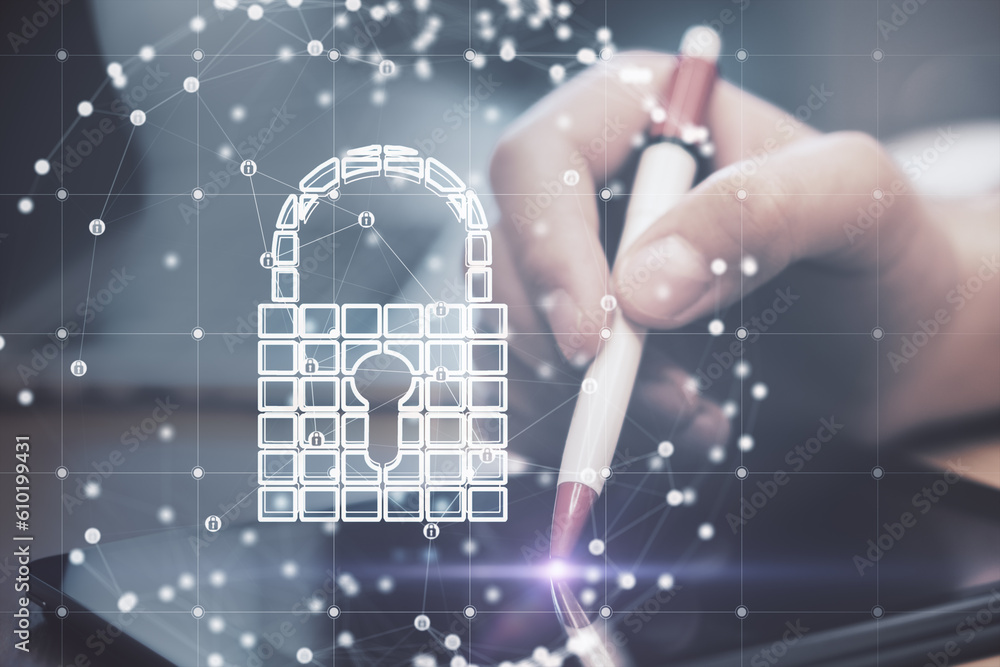 Poster cyber security, cyberattack and digital protection concept with man working with digital tablet and 