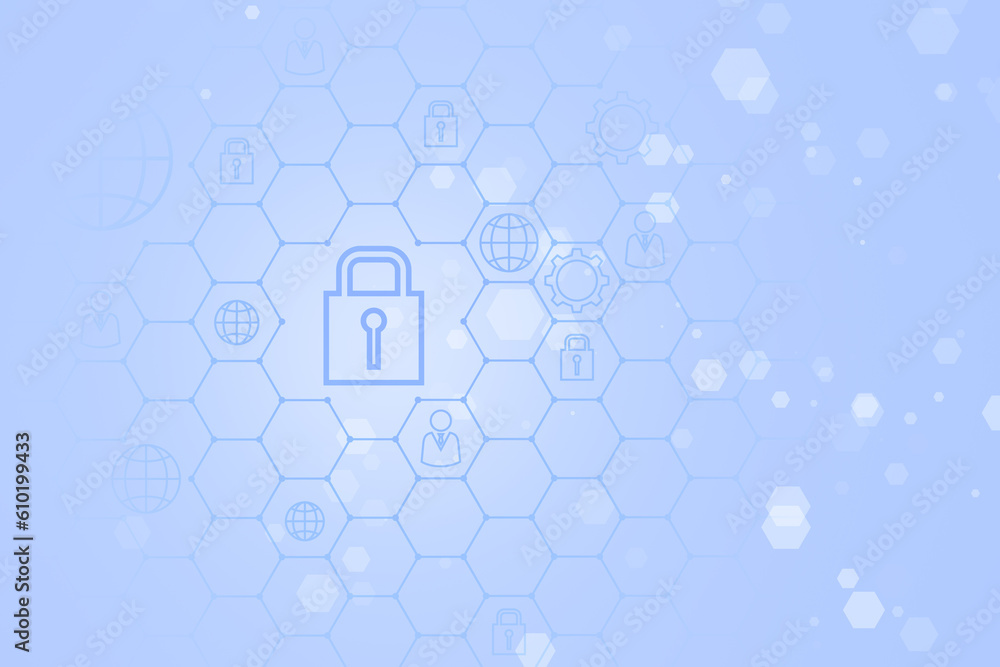 Poster Creative blue security landing page backdrop with hexagons and other icons. 3D Rendering.