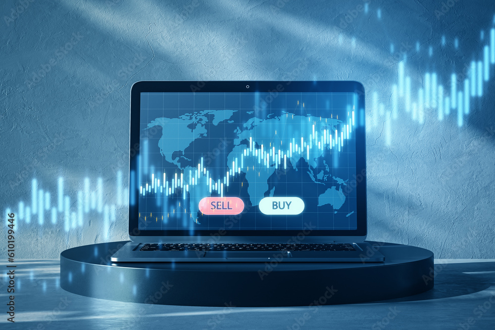 Poster close up of laptop on pedestal with glowing blue sell and buy buttons, map and candlestick forex cha
