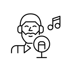 Smiling young wearing headphones man recording music at sound studio. Creating song or podcast content. Pixel perfect, editable stroke icon