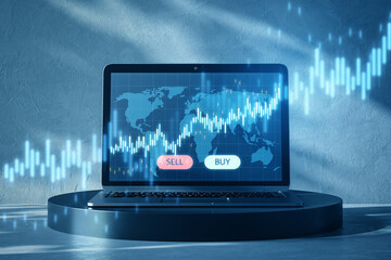 Close up of laptop on pedestal with glowing blue sell and buy buttons, map and candlestick forex chart on blurry background. Trading and exchange concept. 3D Rendering.