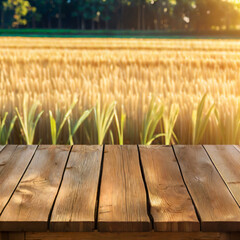 Selective focus, Wood table top on soft focus rice field in morning light background. For montage product display. generative ai.