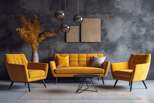 Mustard Yellow Sofa and Two Armchairs A Vibrant Seating Ensemble. Generative AI
