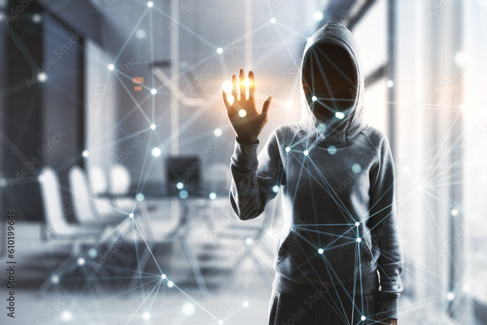 Poster Front view of hacker using creative glowing blurry plexus on blurry office interior background. Digital communication, hacking and network concept. Double exposure.