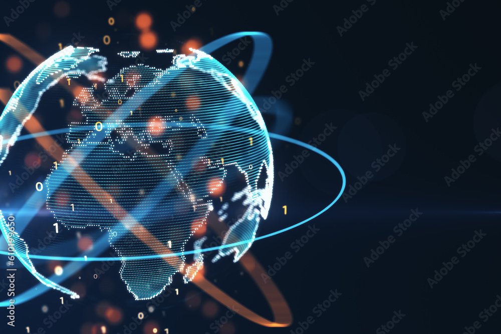 Fototapete Global connection concept with world communication rings around planet earth with digital world map silhouette and binary code numbers on dark background. 3D rendering