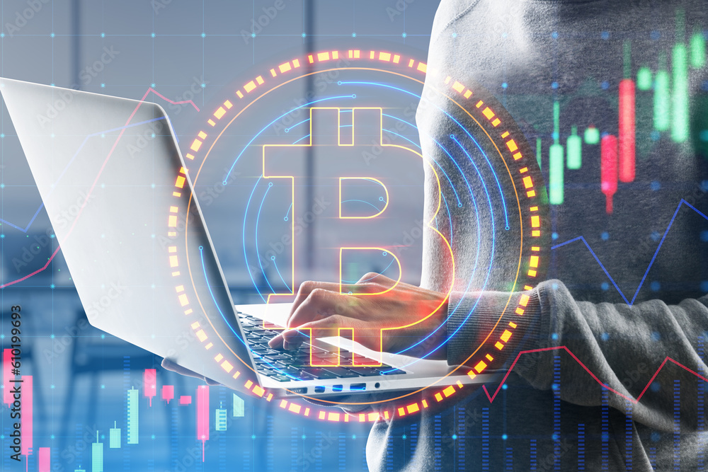 Poster Close up of hacker hand using laptop with glowing round bitcoin sign and forex chart hologram on blurry office interior background. Cryptocurrency and blockchain concept. Double exposure.