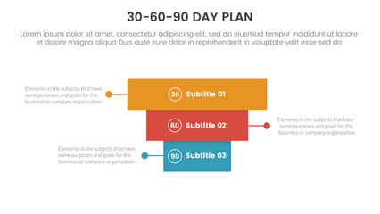 30-60-90 day plan management infographic 3 point stage template with rectangle pyramid backwards concept for slide presentation vector