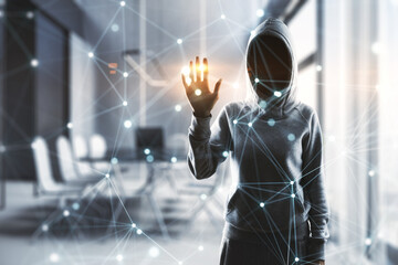 Front view of hacker using creative glowing blurry plexus on blurry office interior background. Digital communication, hacking and network concept. Double exposure.