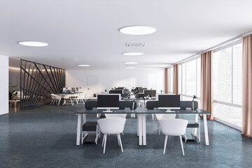 Front view of open space office coworking interior with comfortable workplaces, desks with...