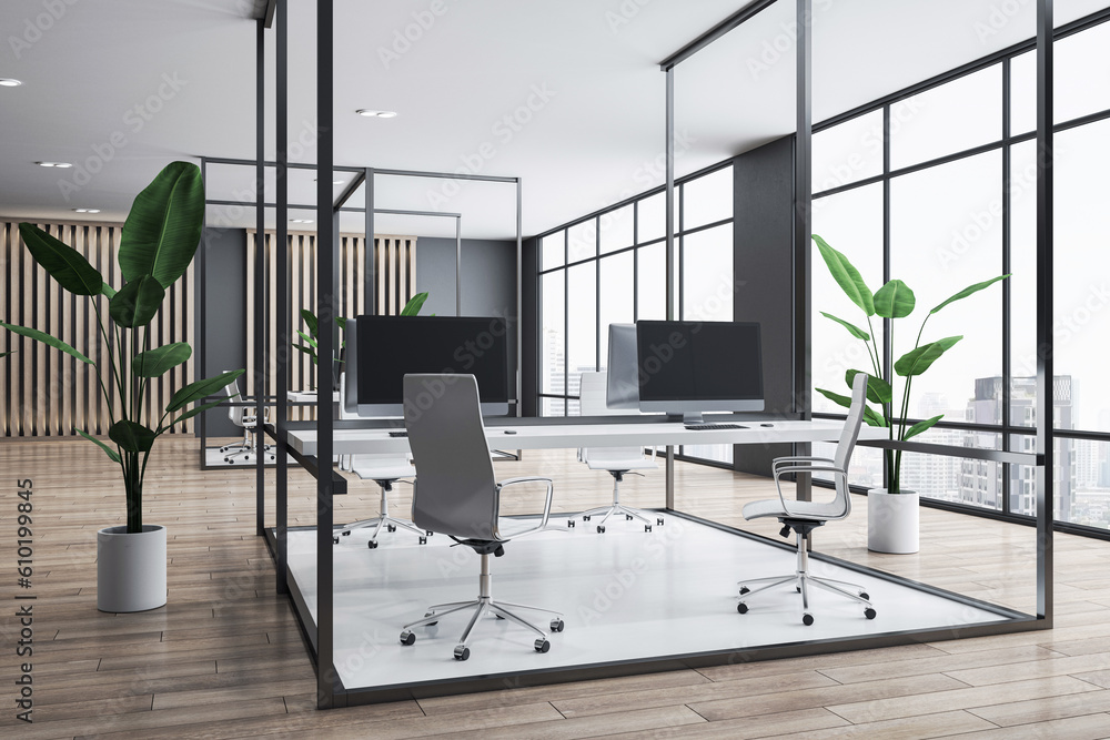 Poster eco open space office interior design with modern computers on white work tables on wooden floor, gr