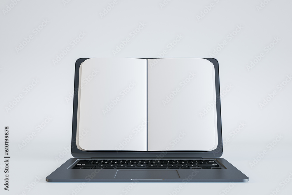Aufkleber e-book library and digitalization concept with front view on blank white notebook pages for advertis