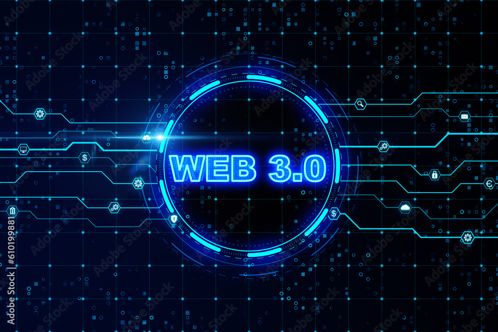 Fototapete Futuristic technology and innovation background with web 3 glowing sign on dark blue background with circuit. 3D Rendering