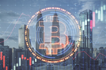Glowing round bitcoin sign and forex chart hologram on blurry city skyline background. Cryptocurrency, metaverse and blockchain concept. Double exposure.