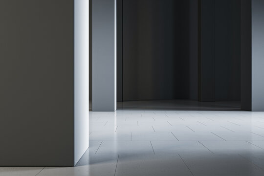 Marketing and advertisement concept with industrial dark gallery hall with light pillars on blank ceramic floor with place for your product presentation on black wall background. 3D rendering, mockup