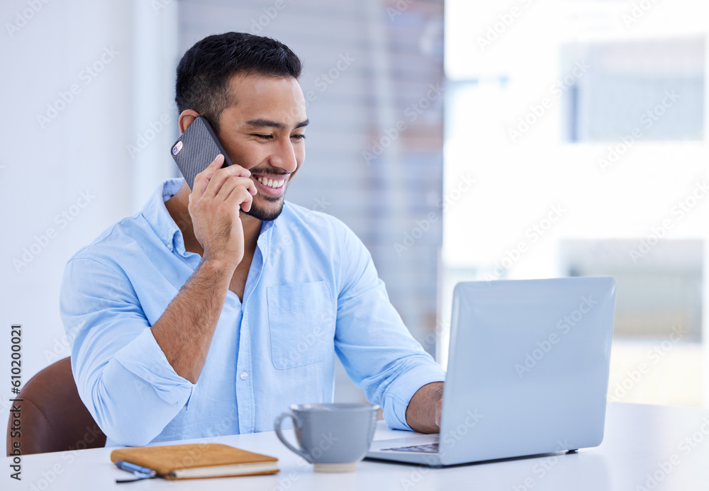 Poster phone call, computer and business man talking, office communication and networking, advice or financ