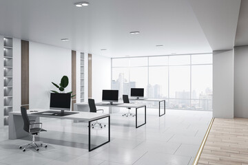 Perspective view of modern empty office interior with concrete and wooden floor, white walls and desks with computers, window with city view. Business background and workspace concept, 3D Rendering