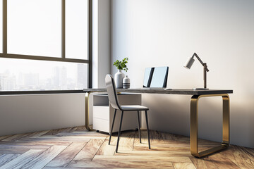 Contemporary simple office interior with furniture, equipment, decorative items and window with city view. 3D Rendering.