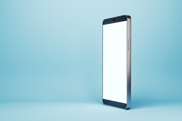 Modern smartphone with blank white screen on light blue background, mockup, 3D Rendering