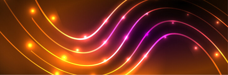 Obraz premium Shiny neon lights, dark abstract background with blurred magic neon light curved lines