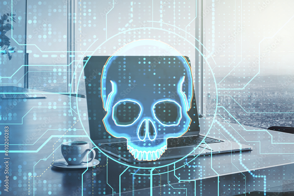 Poster hacking attack and ransomware creative concept with blue skull virtual hologram on modern laptop and