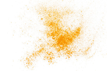 Turmeric scattered powder pile isolated on white, top view - obrazy, fototapety, plakaty
