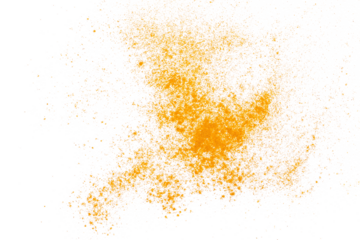 Turmeric scattered powder pile isolated on white, top view