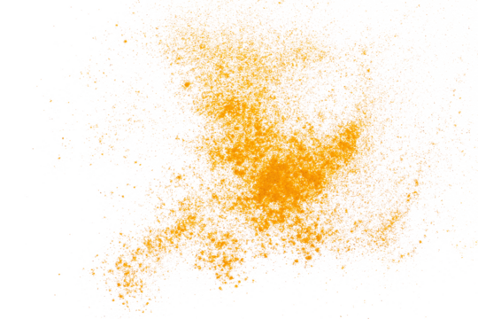 Turmeric scattered powder pile isolated on white, top view