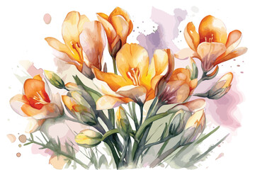 Fototapeta na wymiar Flowers watercolor illustration, Vector flowers and leaves, foxglove, freesia, dahlia, daffodil vector art illustration. Generative AI.