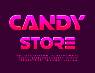 Vector glossy logo Candy Store. Creative Pink Font. Modern bright Alphabet Letters and Numbers - obrazy, fototapety, plakaty