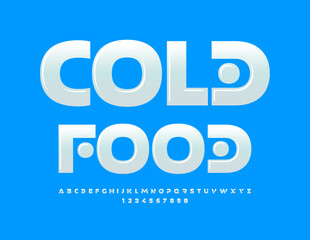 Vector Emblem Cold Food. White Glossy Font. Modern Alphabet Letters and Numbers set