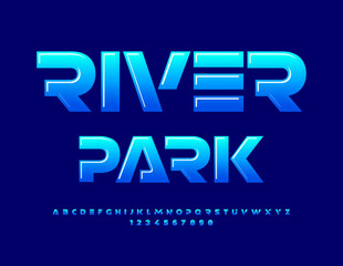 Vector unique sign River Park. Blue gradient Alphabet Letters, Numbers and Symbols set. Abstract style Font