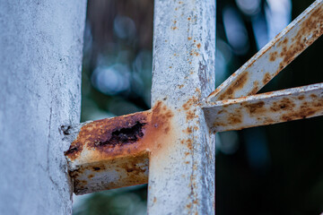 Close up of rusty on steel structure and white paint, Texture of surface metal from rust.