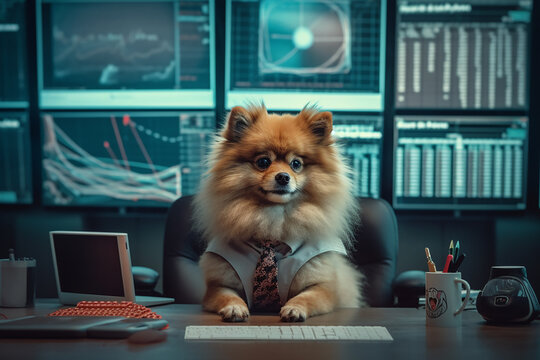 Cute Dog Pet Analyze Financial Economy Graph Data with Modern Technology Concept