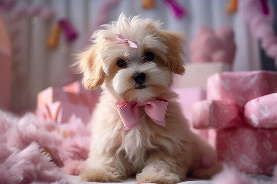 Beautiful Cute Fluffy Dog Pet Groomed Wearing Ribbon Playing in the Room