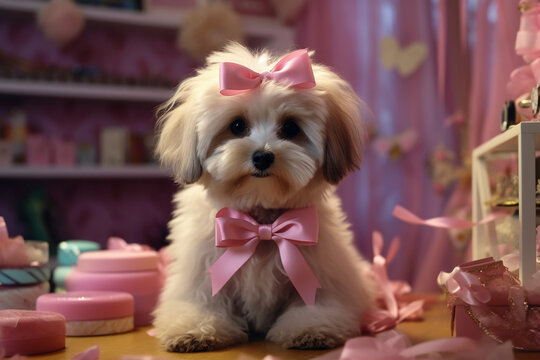 Beautiful Cute Fluffy Dog Pet Wearing Pink Ribbon Playing in the Room Looks Adorable