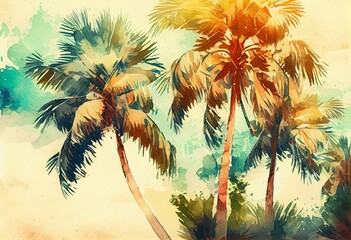 Fototapeta na wymiar beautiful tropical palm trees, closeup , watercolor style Generative AI