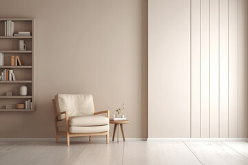 A wooden chair and shelves in a room with beige colors. Minimalist interior decoration concept. Generative AI