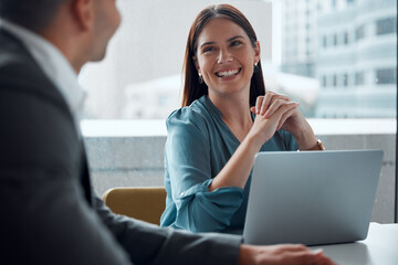 Business meeting, woman and happy with laptop, working in company office, building or teamwork discussion. Female employee, manager or conversation with executive, ceo or feedback from boss - obrazy, fototapety, plakaty