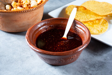 A view of a bowl of salsa macha.