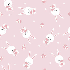 Seamless pattern with Easter rabbits and eggs. Cute kawaii bunnies and easter eggs
